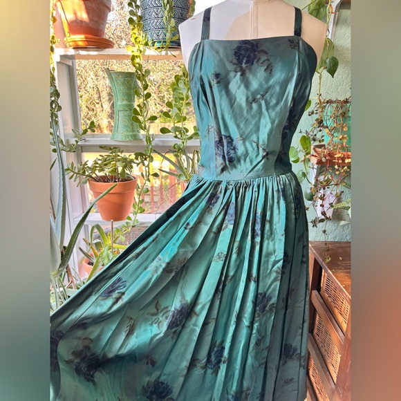 Dresses & Skirts - Vintage 1950s Teal Floral Satin Midi Dress